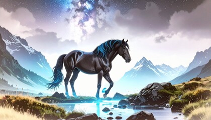 horse painting, horse portrait, horse posing in a noble posture,