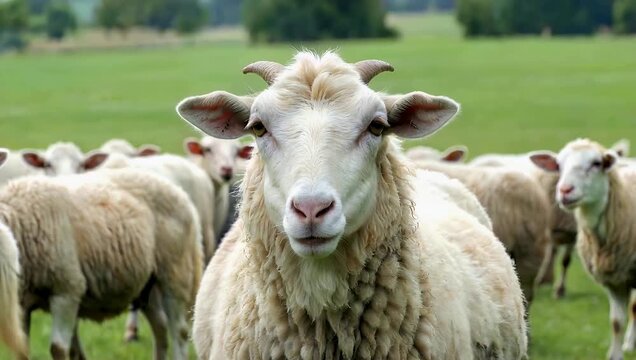 Clear 4K wildlife farm footage of sheep staring curiously at the camera while surrounded by flock of other sheep the background capturing confusion humor rural 