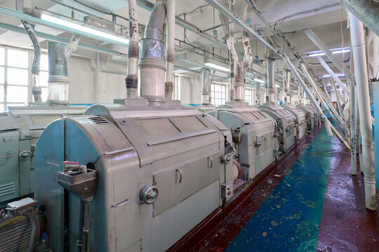 Flour milling machinery in a modern roller mill facility for grain processing