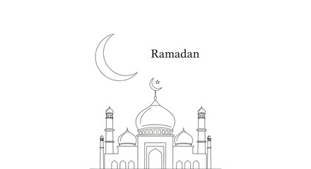 Fototapeta premium Minimalist line art drawing of a mosque with a crescent moon and the word Ramadan, symbolizing Islamic culture and religious observance.