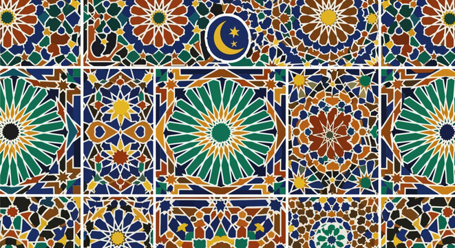 Intricate mosaic pattern with vibrant geometric and floral designs, showcasing traditional Islamic art and Moroccan zellige craftsmanship.