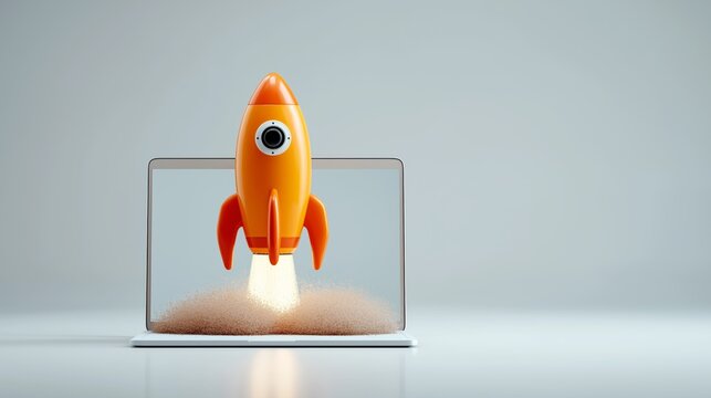 Powerful orange rocket launches from a laptop screen featuring glowing exhaust trails and scattered propulsion particles. Startup momentum and digital transformation concepts define modern business 