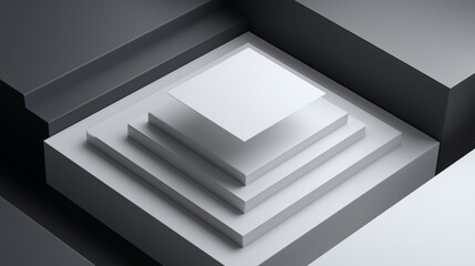 Tiered square platforms stacked concentrically create stepped pyramids with sharp edges and smooth monochromatic surfaces. Architectural scalability and structural hierarchy minimalist visual