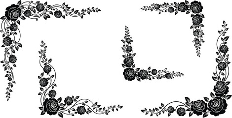 Floral corner icon set, ornate rose and leaf silhouettes for decorative frame theme - flat vector illustration