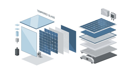 Fototapeta premium Exploded view of solar panel installation components and assembly process.