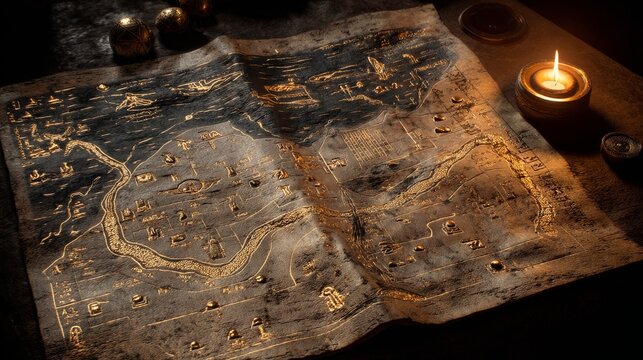 Ancient mythological illustration depicting a gold map of the Nile River