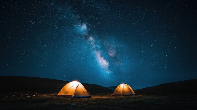 Two tents glow under the night sky filled with stars and the Milky Way. A perfect scene for campers and stargazers alike.