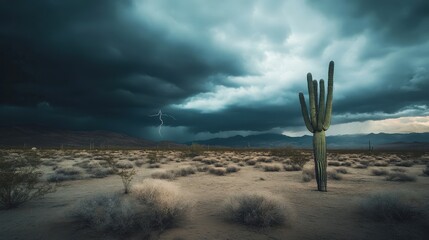 A lone cactus stands in a vast desert under dark stormy clouds. Lightning strikes in the distance, creating a dramatic landscape.