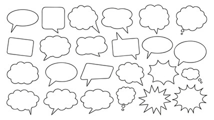 Fototapeta premium Large set of outlined empty speech bubbles thought balloons and comic chat boxes in assorted shapes isolated on white background