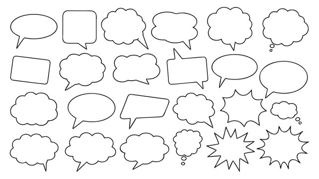 Large set of outlined empty speech bubbles thought balloons and comic chat boxes in assorted shapes isolated on white background