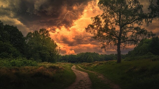 A winding path in a serene landscape under a dramatic sky at sunset, perfect for nature lovers and peaceful reflections.