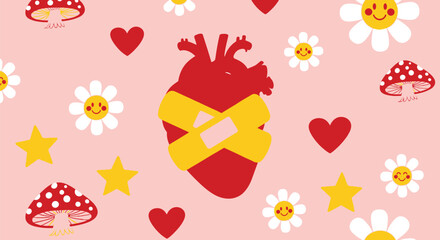 Naklejka premium Red Anatomical Heart with Yellow Bandage and Cute Pink Pattern Background