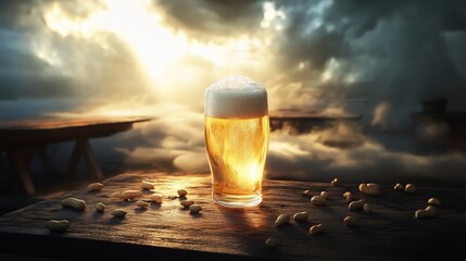 Golden Beer in Sunset Glow with Peanuts on Table