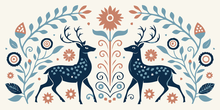 Deer in floral pattern with leaves and flowers in blue and orange hues