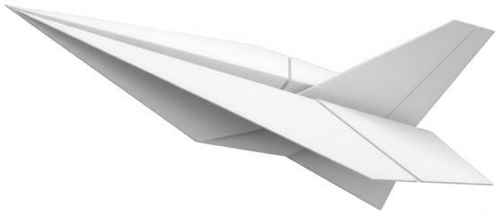 Close up view of white origami paper airplane in flight motion against transparent background