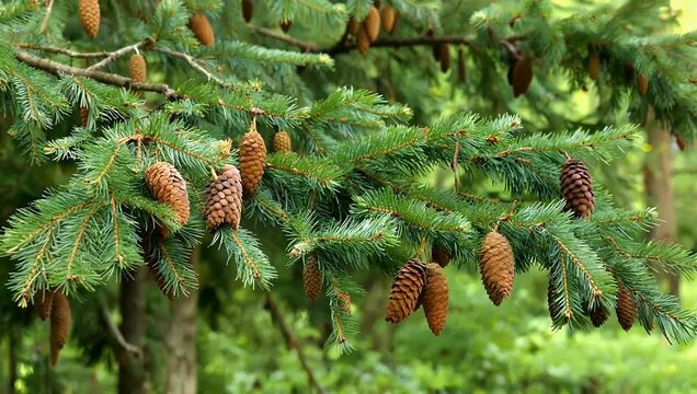 Crisp 4K nature close up of pine cones hanging from lush green spruce branch summer with the heavy branch gently swaying the wind under natural 