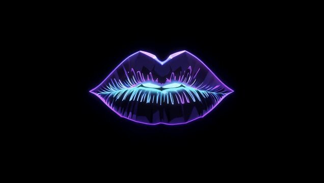 Abstract neon 4K looping animation of glowing lips opening closing against black background high energy motion graphics  
