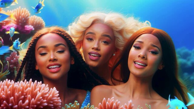 three beautiful ethereal mermaids with long flowing hair singing underwater in a vibrant coral reef with tropical fish and soft cinematic lighting