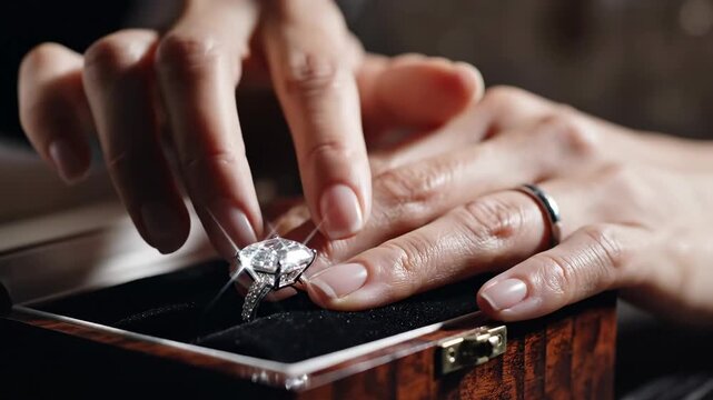 Delicate fingers reveal a sparkling diamond ring nestled in a refined wooden box, capturing the essence of love and commitment in a romantic atmosphere filled with joy and anticipation.