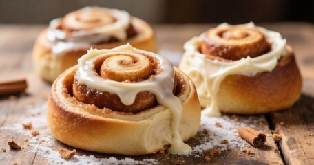 Freshly baked cinnamon rolls with white icing on wooden table