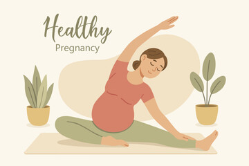 Pregnant woman doing yoga exercise. Stretching. Healthy pregnancy. Calm prenatal lifestyle illustration.