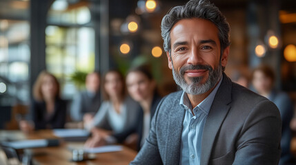 Fototapeta premium A confident man with beard looks at the camera. Against the background of a blurred office environment with coworkers.