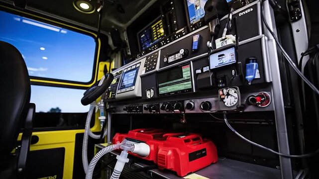 Ambulance car interior with emergency medical devices and equipment for first aid. Generative AI