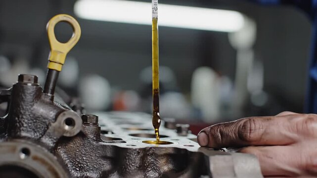A mechanic works on a car engine, checking the oil level with a dipstick. The scene captures the expert care and attention to detail essential for automotive maintenance and performance. - Powered by Adobe