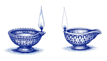 Vintage sketch of decorative diya lamps with blue ink for Diwali  