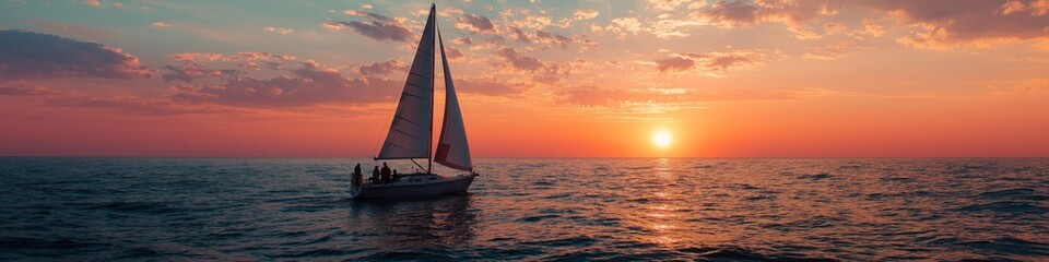 Obraz premium Sailboat sailing on ocean water during a colorful cloudy sunset creating a romantic mood. Sailboat cruising at sunset with a couple on board