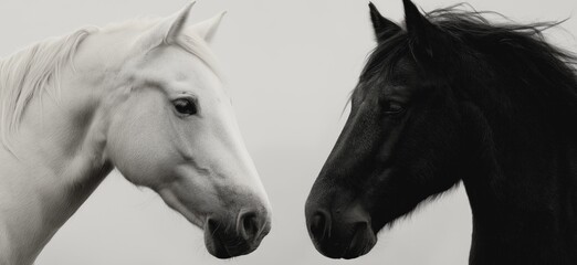 Fototapeta premium Black and white horses connecting in a minimalist concept. Two horses, one white and one black, facing each other on a misty light background