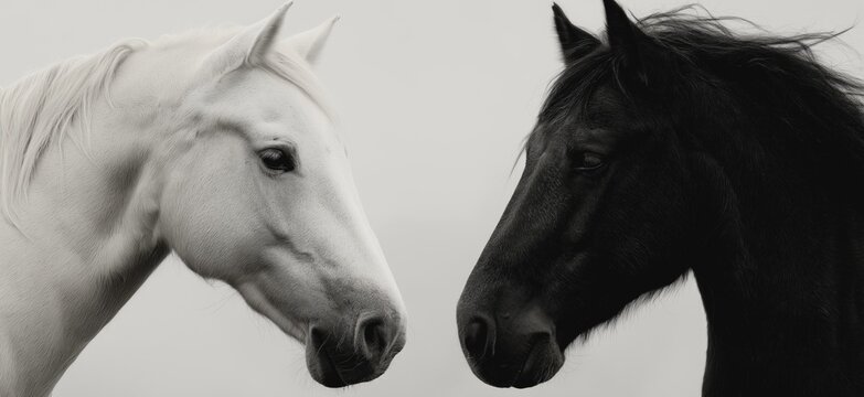 Black and white horses connecting in a minimalist concept. Two horses, one white and one black, facing each other on a misty light background