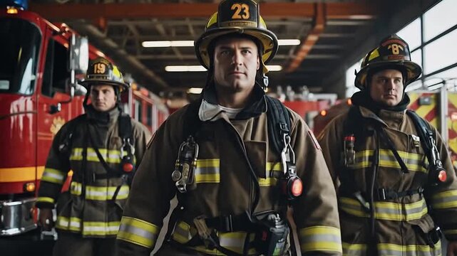 Young firefighters team at fire station. Emergency service of brave people rescuer. Generative AI