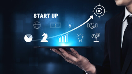 Obraz premium A business start up growth strategy from idea to success. The process of funding, planning, and partnership to reach global market targets. Motif