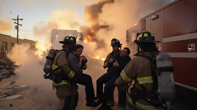 Firefighters team on firetruck arriving on emergency call. Hero firemen with equipment ready to put on fire. Generative AI