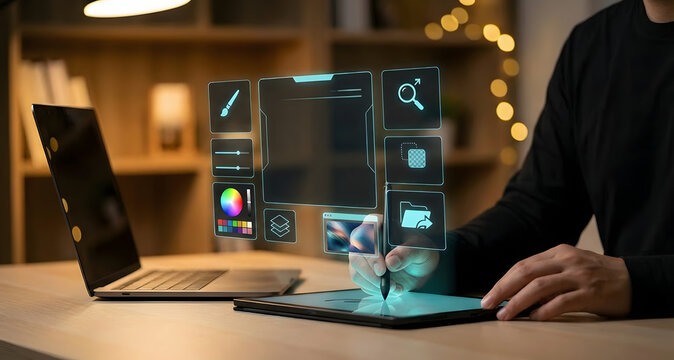 graphic designer using stylus pen on digital tablet with glowing holographic interface for photo editing and creative art project in dark home office studio workspace environment - Powered by Adobe