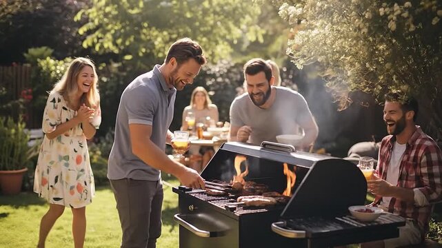Happy family cooking barbeque dinner enjoying party celebration together in backyard. Generative AI