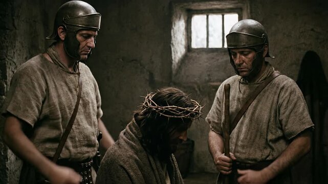 Biblical Scene of Jesus Christ Wearing Crown of Thorns Sitting while Roman Soldiers Mock Him inside Stone Prison Depicting Passion and Suffering Good Friday Religious History Concept