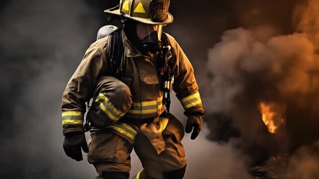 A firefighter in uniform and helmet in smoke. Well-equipped fireman speaking on the walkie-talkie. Generative AI