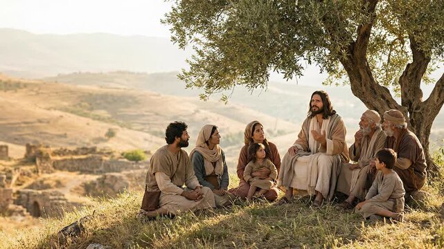 Jesus Christ Sitting on Grass Hillside Teaching Group of Disciples and Women under Olive Tree Depicting Sermon on the Mount and Biblical Ministry Religious History Scene