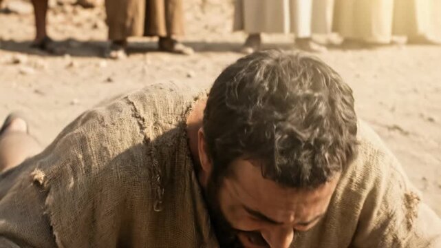 Dramatic Biblical Scene of Soldier Saul Kneeling on Dirt Road Covering Eyes Blinded by Bright Divine Light Depicting Conversion of Saint Paul in New Testament Religious History Concept