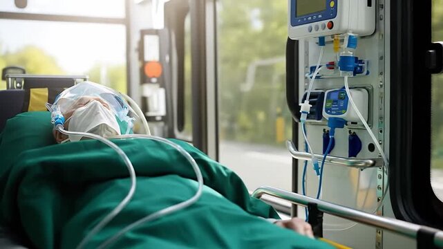 Sick injured man in oxygen mask inside ambulance car. Quick health care service, first aid and patient reanimation. Generative AI
