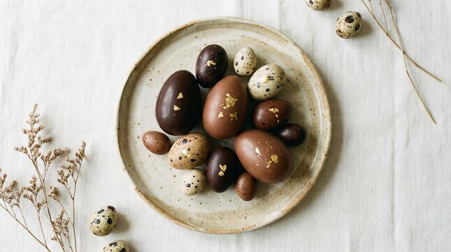 Luxury Chocolate Easter Eggs and Quail Eggs with Gold Leaf on Rustic Plate