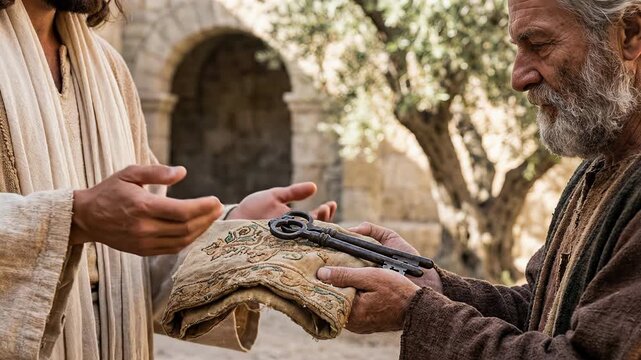 Biblical Scene of Jesus Christ Handing Large Iron Keys of Kingdom to Apostle Saint Peter Standing Outdoors near Ancient Stone Wall Depicting Catholic Church Foundation and Authority History