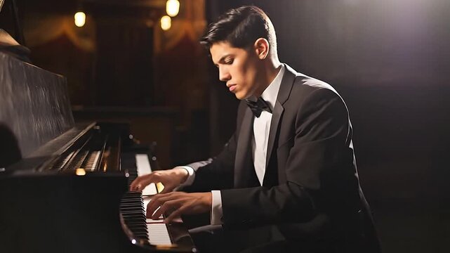 Pianist playing musical composition performing on scene under spotlight. Talented artist performance in dark opera hall. Generative AI