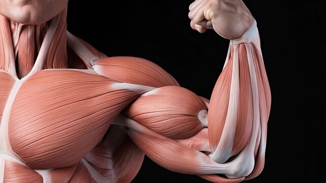Man showing pumped biceps arm muscle with anatomy of ligaments and musculature. Generative AI