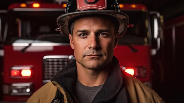 Young male firefighter at firetrack in fire station. People profession for protection, rescue from dangerous fire. Generative AI
