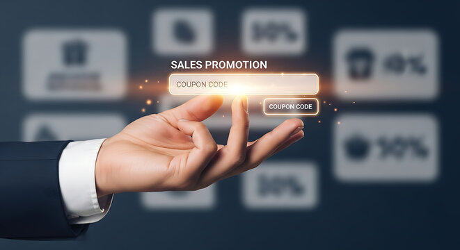 Sales Promotion Coupon Codes with Hand Pointing to Discount Button Retail Online Offers