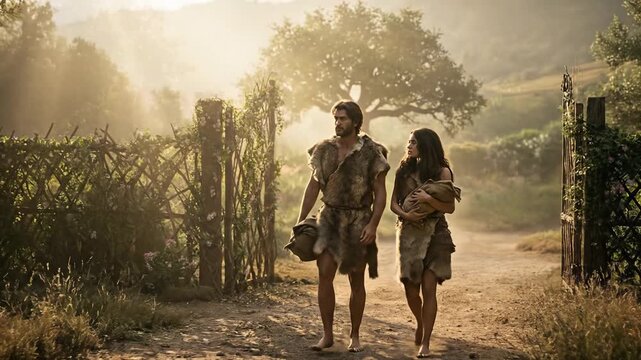 Biblical Scene of Adam and Eve Wearing Animal Skins Walking Away from Garden of Eden Gate into Wilderness Depicting Expulsion and Original Sin History in Genesis Old Testament