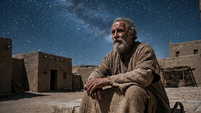 Biblical Patriarch Abraham Sitting Outdoors at Night Looking at Bright Starry Sky and Milky Way Hearing God Promise of Descendants as Numerous as Stars in Old Testament Genesis History